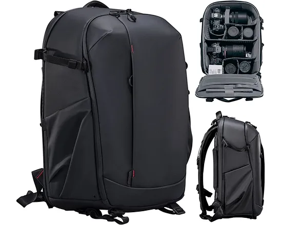 This camera and lens bag provides multiple rooms, which can accommodate at least two long lens cameras and 4 additional long lenses, while you can DIY the inner space by removing the thick dividers based on your equipment.
